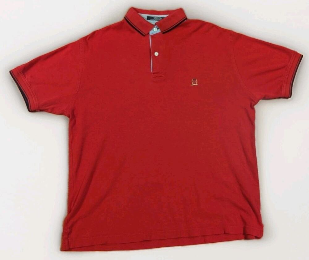 Y2K Tommy Hilfiger Mens M Red Polo Shirt Crest Logo Tipped Collar VTG 2000s